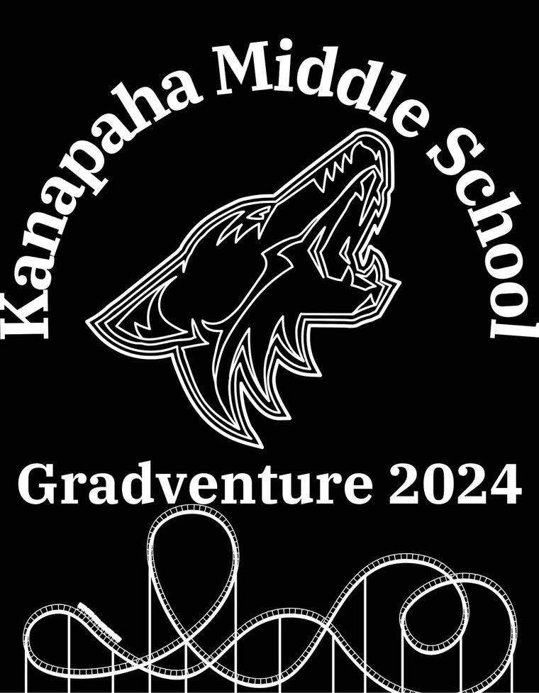 Black design with a coyote head, roller coaster and the words Gradventure 2024